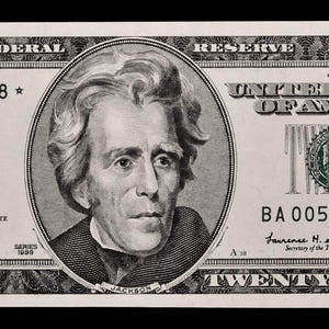 Pode incluir: Uma nota de vinte dólares com um retrato de Andrew Jackson. A nota apresenta o texto "Federal Reserve Note" e "The United States of America". O número de série é BA 00524868.