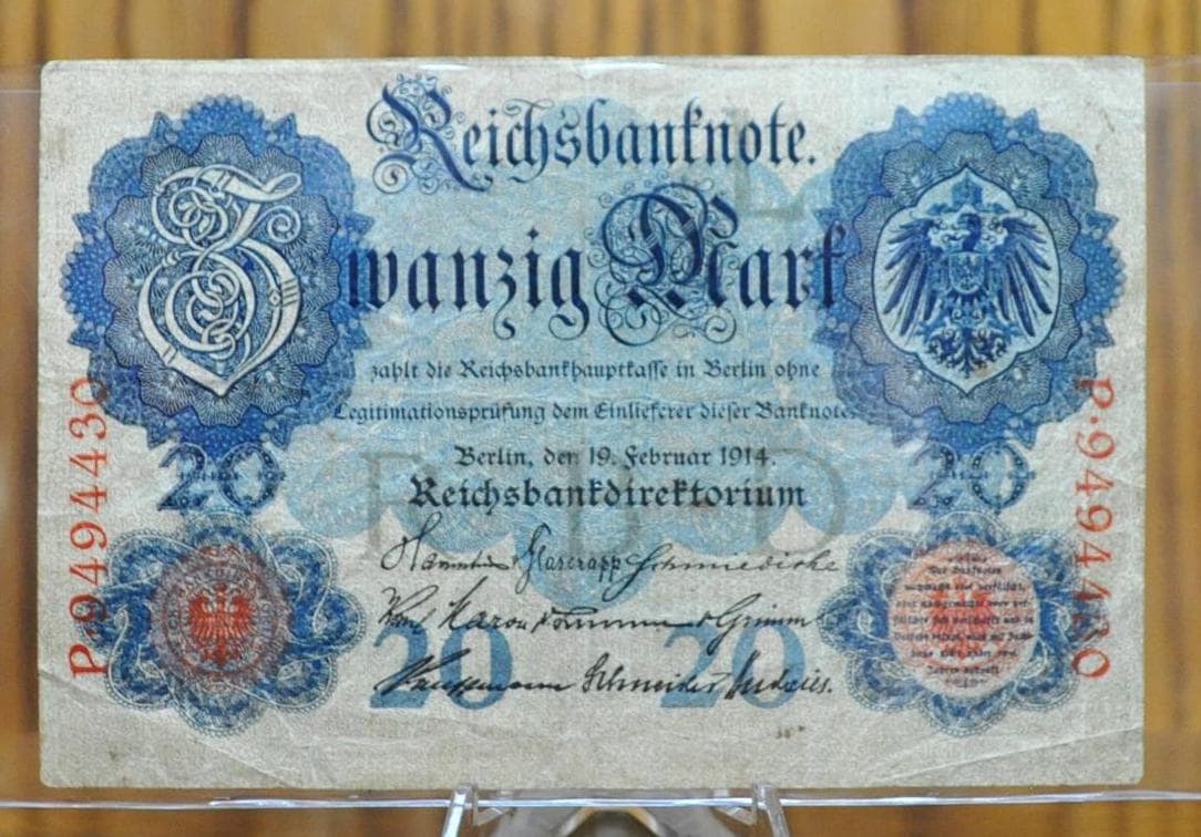 1914年 20マルク ドイツ紙幣 - ライヒスバンクノート - 状態良好 - 7桁