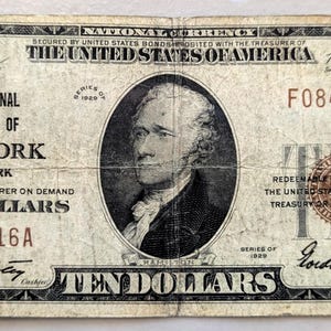 Billete de 10 dólares de la Carta Nacional del Banco de la Ciudad de Nueva York de 1929 - Tipo 1 - Billete de 10 dólares de la Carta Nacional del Banco de Nueva York con sello marrón de 1929 - Carta 1461