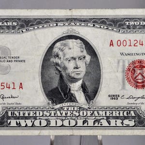 1963 U.S. Legal Tender 2 Dollar Note - Low Serial Number - 00124541 - 1963 Two Dollar Low Serial Red Seal Note - Fr#1513