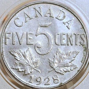 1928 Canada 5 Cent Coin - Choice AU, Great Luster - Canadian Coins - 1920s Coins -