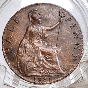 1921 Great Britain Half Penny - AU Condition - UK Large Penny 1921 - King George V 1/2 Penny - Bronze -