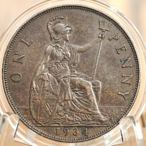 1934 Great Britain One Penny -  Choice AU (About Uncirculated) Grade / Condition - UK Large Penny 1934 - King George Penny, Bronze, UK penny