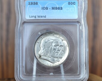 本物 1936 ロングアイランド 300 周年記念銀貨ハーフドル - MS60+ (未