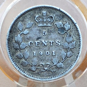 1901 Canadian Silver 5 Cent Coin - Choose by Grade - Queen Victoria - Canada 5 Cent Sterling Silver 1901 Canada - Lower Mintage
