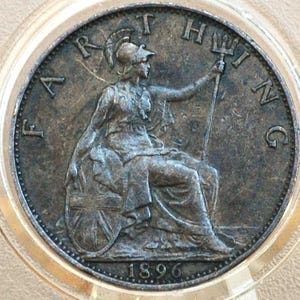 1896 Farthing Great Britain - AU, Beautiful Coin - UK Farthing 1896 - Queen Victoria Old Head - Bronze
