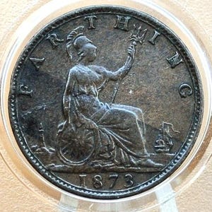 1873 Farthing Great Britain - XF/AU, Beautiful Coins - UK Farthing 1873 - Queen Victoria Young Head - Bronze