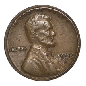 Pode incluir: Uma moeda de um centavo dos Estados Unidos na cor cobre com o perfil de Abraham Lincoln voltado para a direita. A moeda exibe o texto IN GOD WE TRUST na borda superior, LIBERTY à esquerda e o ano 1958 com a marca da casa da moeda D à direita.