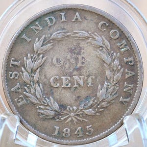 1845 British Straits Settlements One Cent - Great Condition - East India Company 1 Penny 1845 UK penny