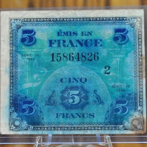 1944 France Allied Military 5 Franc Paper Note - WWII Era Allied Franc Note - Series 2- 1944 French Five Francs Allied Military Note- P#115b
