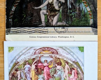 Lotto di 2 cartoline murali della Biblioteca del Congresso di Washington D.C. degli anni '10 - Murales di Henry O. Walker - Cartoline murali d'epoca della Biblioteca del Congresso