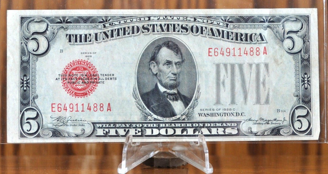 Mule Note Example 1928-C Us 5 Dollar Legal Tender Note - Red Seal - Mule Note - Extremely ...