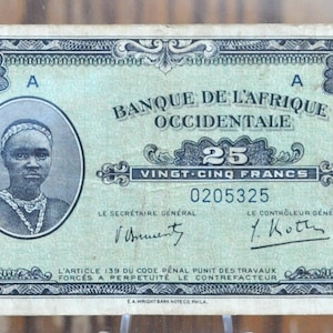 1942 Bank von Westafrika 25 Franc Banknote - Papiergeld aus der Ära des Zweiten Weltkriegs - 25 Francs Banknote Banque de L'Afrique Occidentale 1942, P #30a