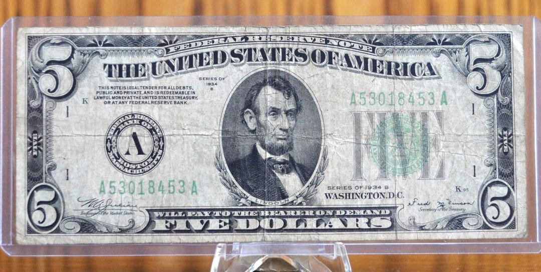 1934-B Federal Reserve 5 Dollar Note - Boston (A) Bank Issue - Fine (F ...