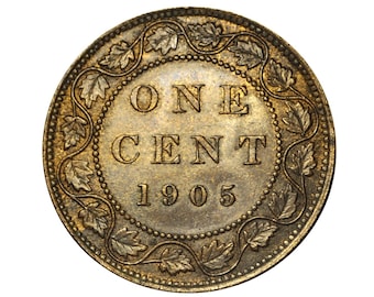 May include: A vintage Canadian one-cent coin from 1905. The coin features the words "ONE CENT" and the year "1905" in the center. The coin is surrounded by a decorative border of maple leaves and a beaded edge.