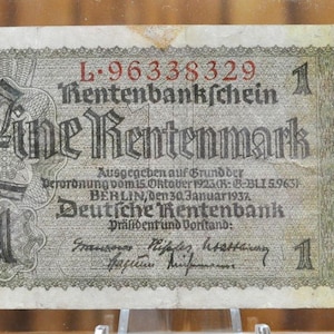 1937 1 Rentenmark German Paper Note - Rentenbankschein - 8-Digit Serial Number - 1937 One Eine Rentenmark Germany Bank Note - P#173b