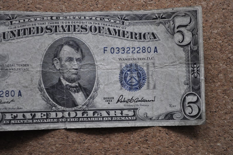 1953 Blue Seal 5 Dollar Bill / 1953 Five Dollar Silver Etsy