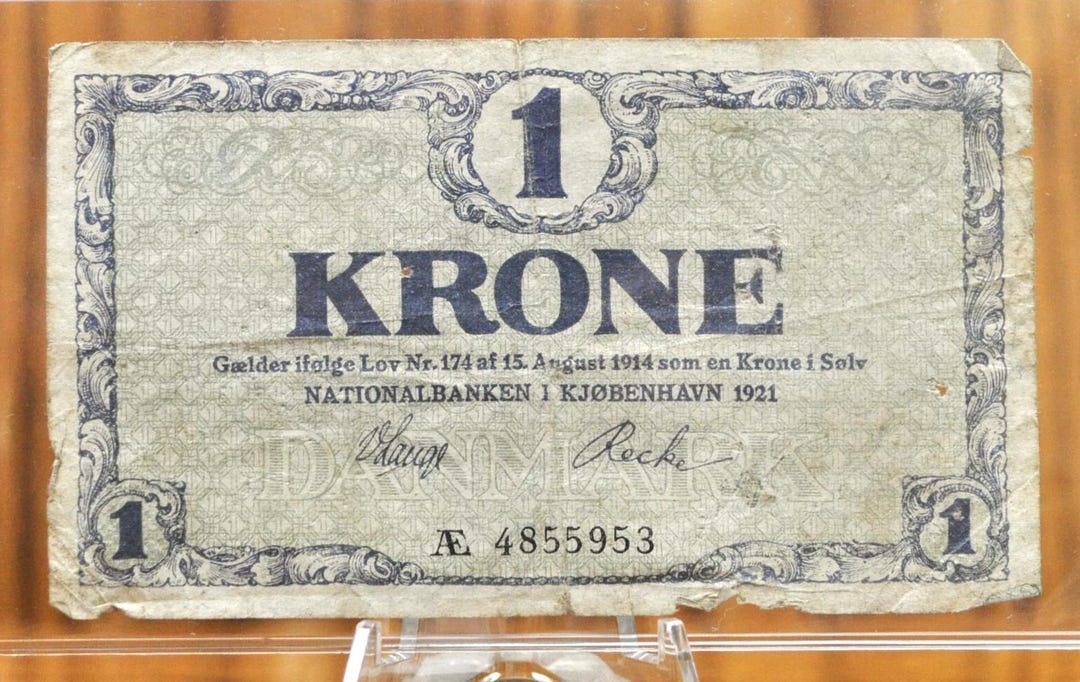 1921 Denmark 1 Krone Banknote - VG/F Pinholes - Post-ww1 Issue - Prefix ...
