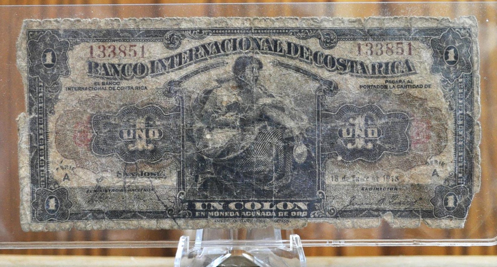 1918 International Bank of Costa Rica 1 Colon Note - RARE Note - Very ...