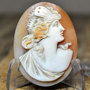 May include: Oval cameo pendant featuring a profile of a woman with flowing hair and a draped garment. The cameo is carved from a light-colored material, set against a warm, orange-toned background. The pendant is displayed on a clear stand.