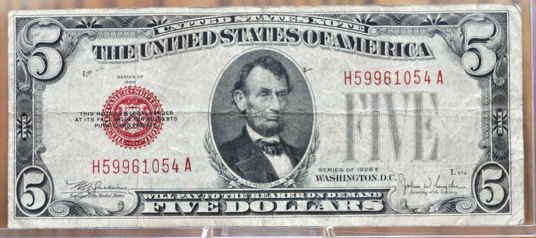 Red Note Money 1928 5 Dollar Us Note Red Seal - Choose by Grade / Condition - 1928 ...