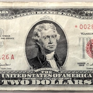 1963 STAR NOTE Red Seal 2 Dollar Note - VF (Very Fine) Grade - Low Serial Number, 6 Digits - 1963 Two Dollar U.S. Star Note - Fr#1513*