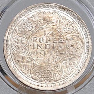 Silver India One Quarter Rupee 1944 - XF+ Condition, Beautiful Coin - George VI - 1944 British Issue India 1/4 Rupee - High Grade, Great Coi