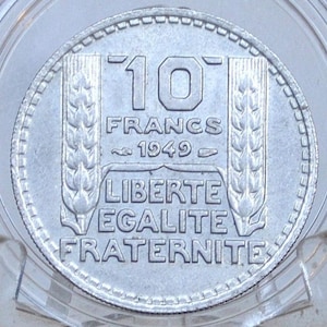 1949 French 10 Franc Coin - AU Condition - Small Head - 1940s Ten Franc - Fourth Republic of France Franc -