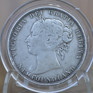 1874 Newfoundland 50 Cent Coin - F (Fine) Grade / Condition - Low Mintage, Only 80,000 made - Fifty Cents Newfoundland 1874 - Queen Victoria