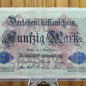 1914 50 Mark German Paper Note - Darlehnskassenschein- Good Condition, WWI note - 7-Digit Serial Number - 1914 Fifty Mark German Note- P#49b