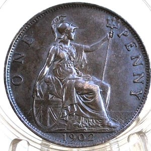 1902 Great Britain One Penny - AU Grade/Condition (About Uncirculated) - UK Penny 1902 England 1 Cent, Bronze, Amazing Detail High Grade