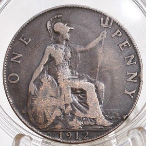 1912-H Great Britain One Penny - Rarer Type - 1912 H UK Penny 1912H England 1 Cent - King George, Bronze, Key Date!