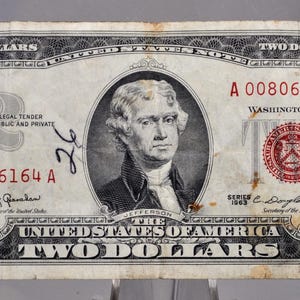 1963 U.S. Legal Tender 2 Dollar Note - Low Serial Number - 00806164 - 1963 Two Dollar Low Serial Red Seal Note - Fr#1513