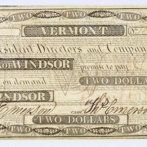 2-Dollar-Banknote der Bank of Windsor aus den 1830er Jahren (Vermont) – Sehr gut erhalten (XF) – 2-Dollar-Banknote aus Windsor, Vermont, aus den 1830er Jahren