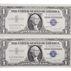 1957 B Silver Certificate 1 Dollar Notes Pair - Consecutive Serial Numbers - 1957B One Dollar Set of 2 Sequential Banknotes - Fr#1621