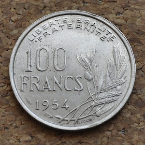 1954 French 100 Francs Coin - BU (Uncirculated) One Hundred Franc Coin 1954 France - Copper Nickel - Mint Luster - High Grade