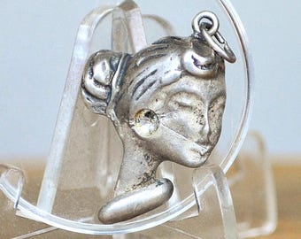 Pendentif Ancien En Argent Massif 925 - Style Art Déco Avec Camée - Occasion - Breloque Créateur