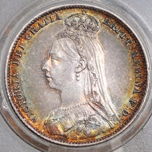 1889 Shilling - Choice AU, Rainbow Toned, Great Luster - 1889 Great Britain Silver 1 UK One Shilling 1889 Queen Victoria 1 Shilling 1889 Ste