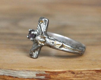 Rare Silver Amethyst Jesus Cross Ring - Size 5.5 - Stamped and Tested Sterling Silver - Gold Tone Jesus