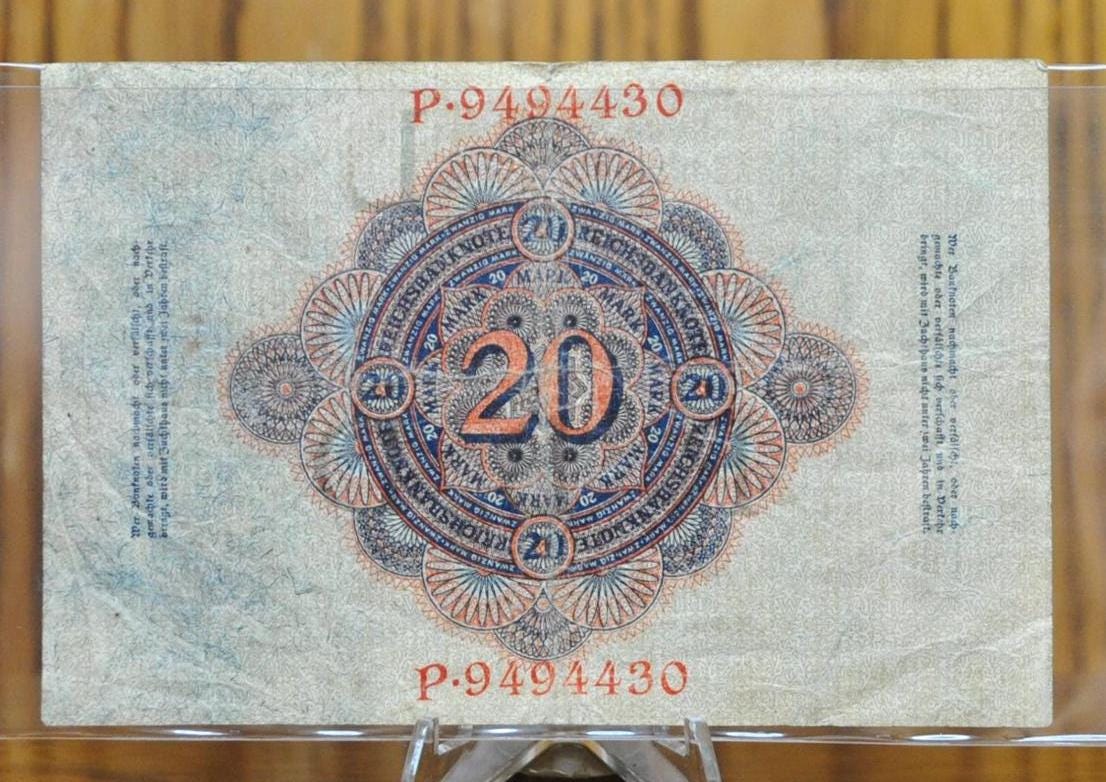 1914年 20マルク ドイツ紙幣 - ライヒスバンクノート - 状態良好 - 7桁