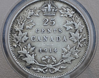 1914 Canadian Silver Quarter - VF (Very Fine) Grade - King George V - 92.5% Silver Quarter Canada - Canadian Coin Collection, Higher Grade