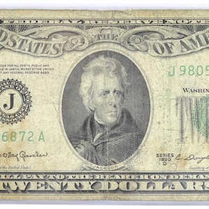 1950年B 20ドル連邦準備券エラー紙幣 - 軽微な緑インクのにじみと二重印刷エラー - 1950年B 20ドルインクエラー紙幣 - Fr#2063-J