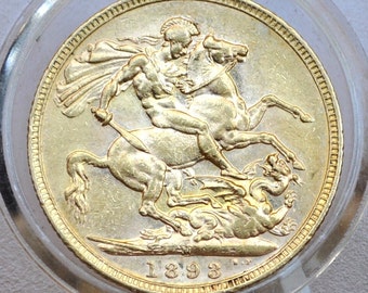 1893-M Great Britain Gold Sovereign Melbourne Mint - AU Grade / Condition, Beautiful Coin, Lustrous - UK Gold Sovereign 1893 Australia