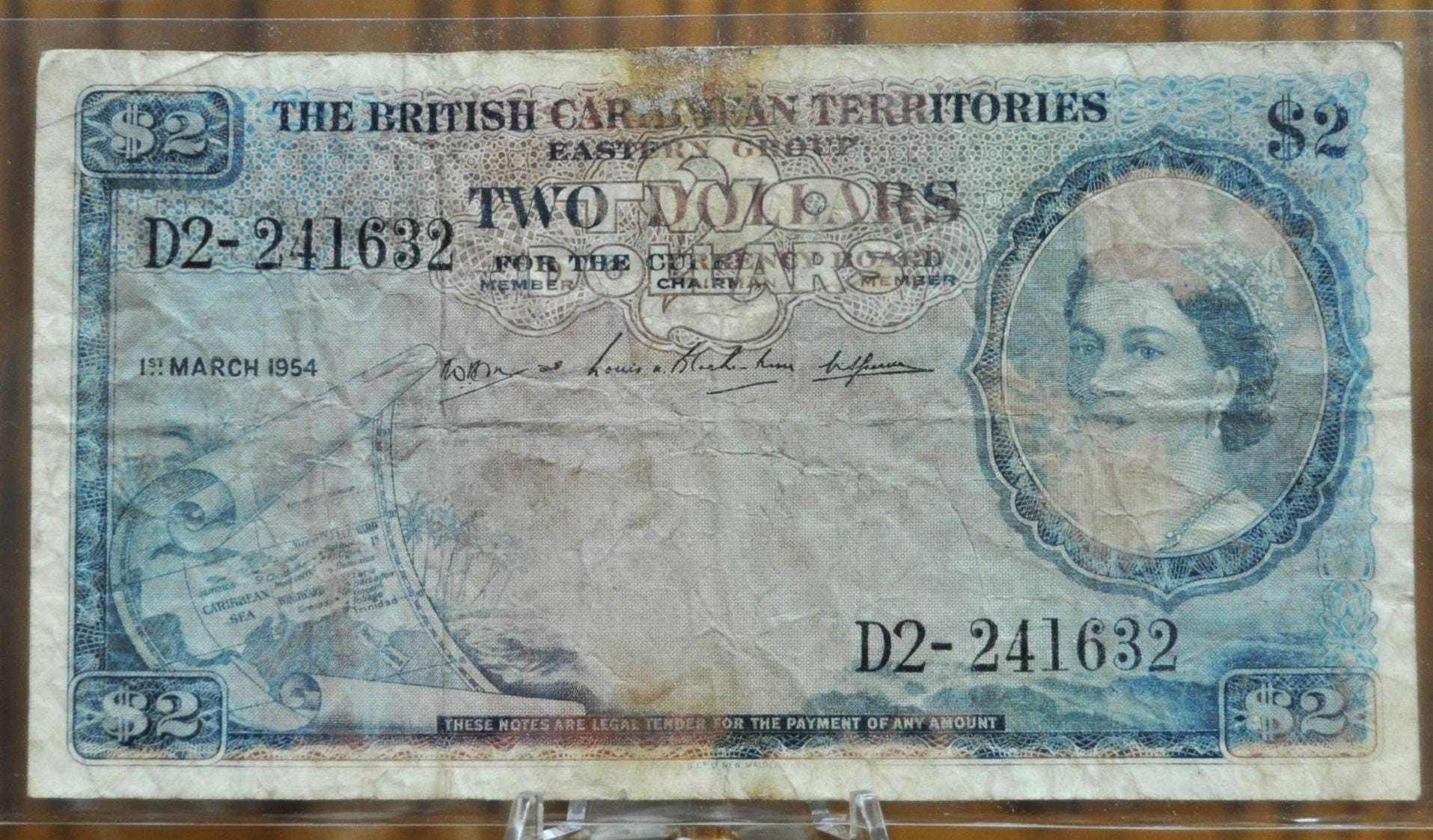 英国カリブ海地域 1ドル旧紙幣1954年クイーンエリザベス 1 Dollar