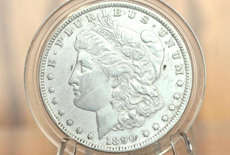 May include: A silver Morgan dollar coin with the year 1890 inscribed on the bottom. The coin features a profile of Lady Liberty with flowing hair and the inscription "E PLURIBUS UNUM" around the edge.