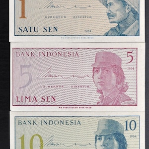 Set of 3 1964 Bank Indonesia Sen Set - 1, 5, and 10 Sen - Uncirculated Full Set - 1964 Indonesian Sen Fractional Note Set