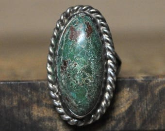 Stunning Oval Cut Chrysocolla Twisted Rope Bezel Ring - Size 5.5 - Stamped and Tested Sterling Silver - Large Stone Ring
