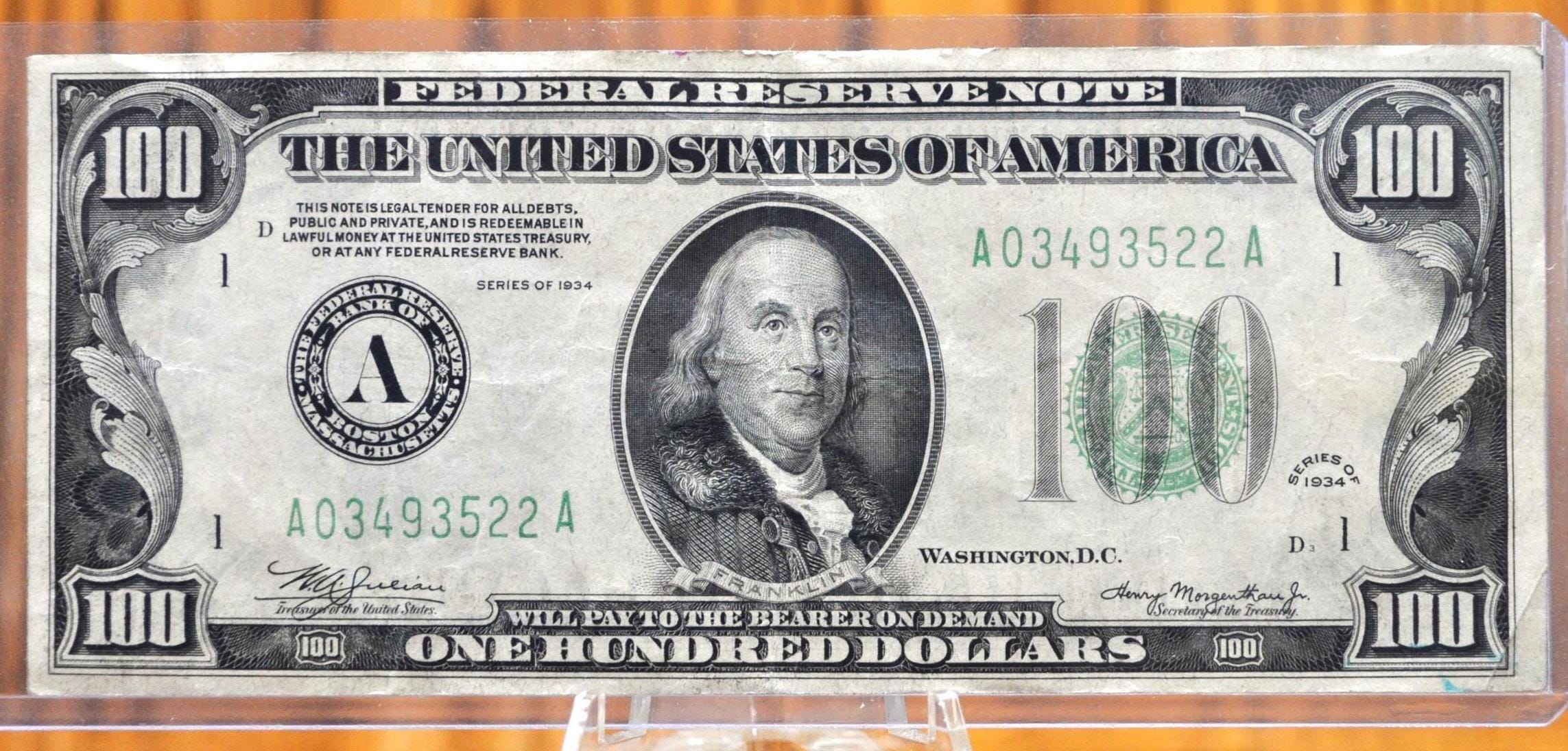 1934 100 Dollar Bundesreserve Note - dunkelgrün Siegel, Boston - Mule - Sehr fein (VF) - 1934 One Hundred Dollar Note Boston - Fr#2152a-Am