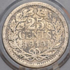 1919年 オランダ 25セント銀貨 - F/VF 状態 - ウィルヘルミナ1世 - 旧 