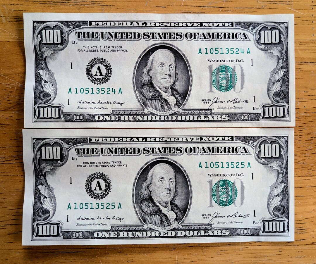 Pair of 1985 100 Dollar Federal Reserve Notes - Consecutive Serial ...